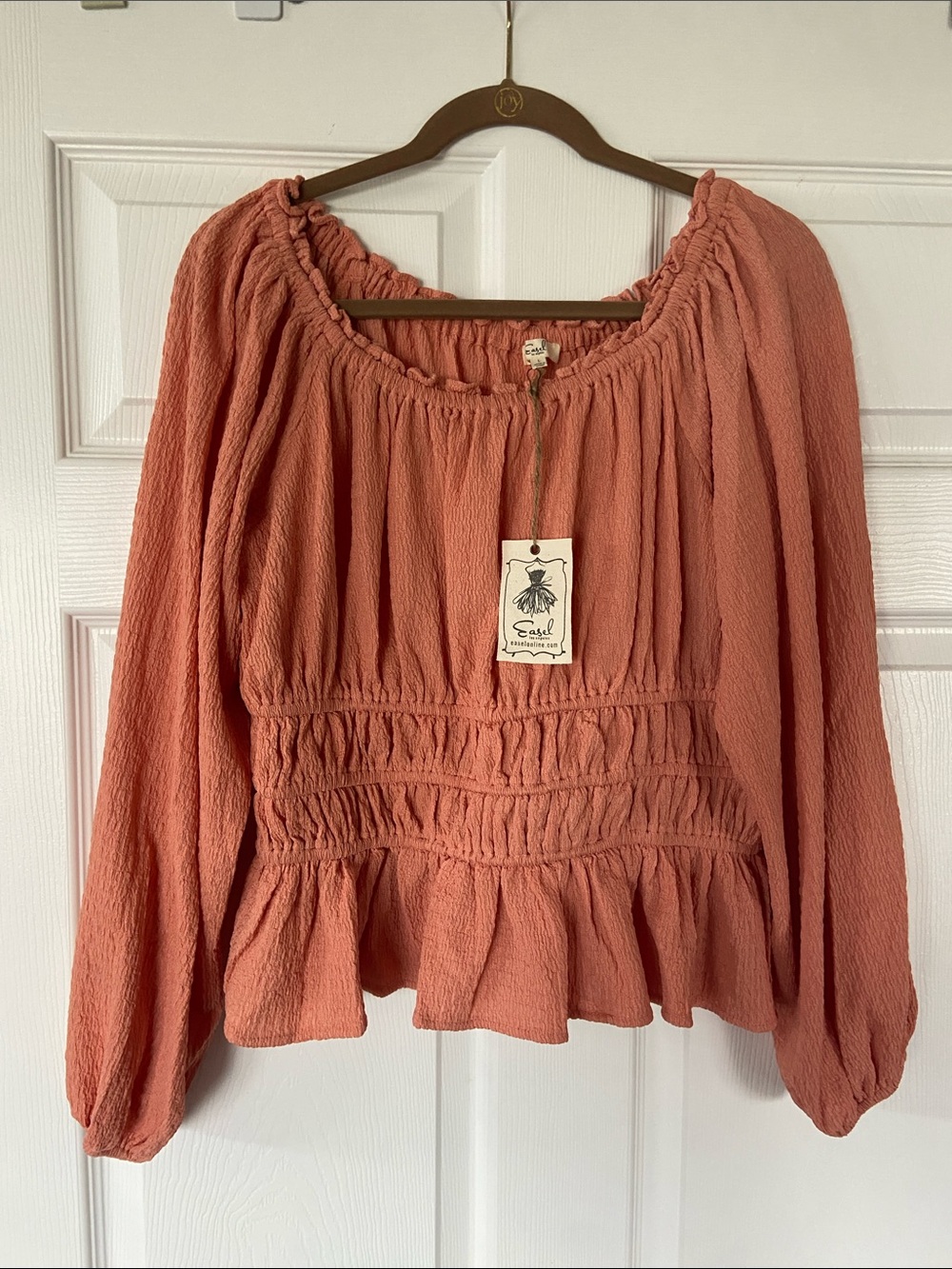 easel Rust-Pink Smocked Peasant Top